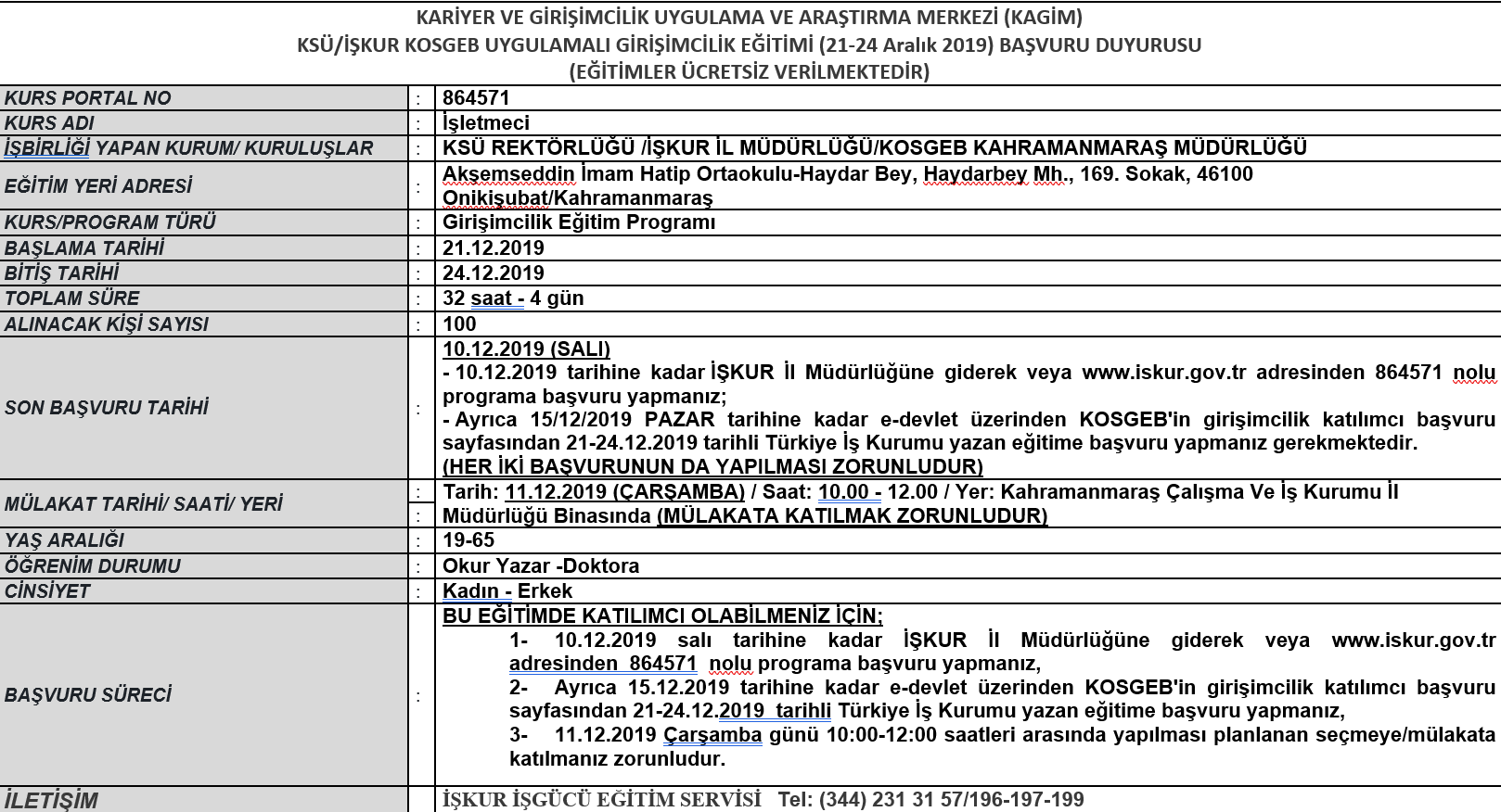 KSÜ-İŞKUR-KOSGEB İşbirliğiyle  2019 Yılının Son Girişimcilik Eğitimleri 21-24 Aralık Tarihleri Arasında Gerçekleştirilecek